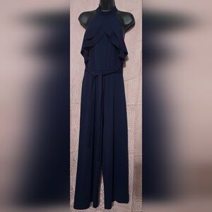 Bebe Jumpsuit Womens Navy Halter Ruffle Wide Leg Tie Waist Made in USA Sz 8